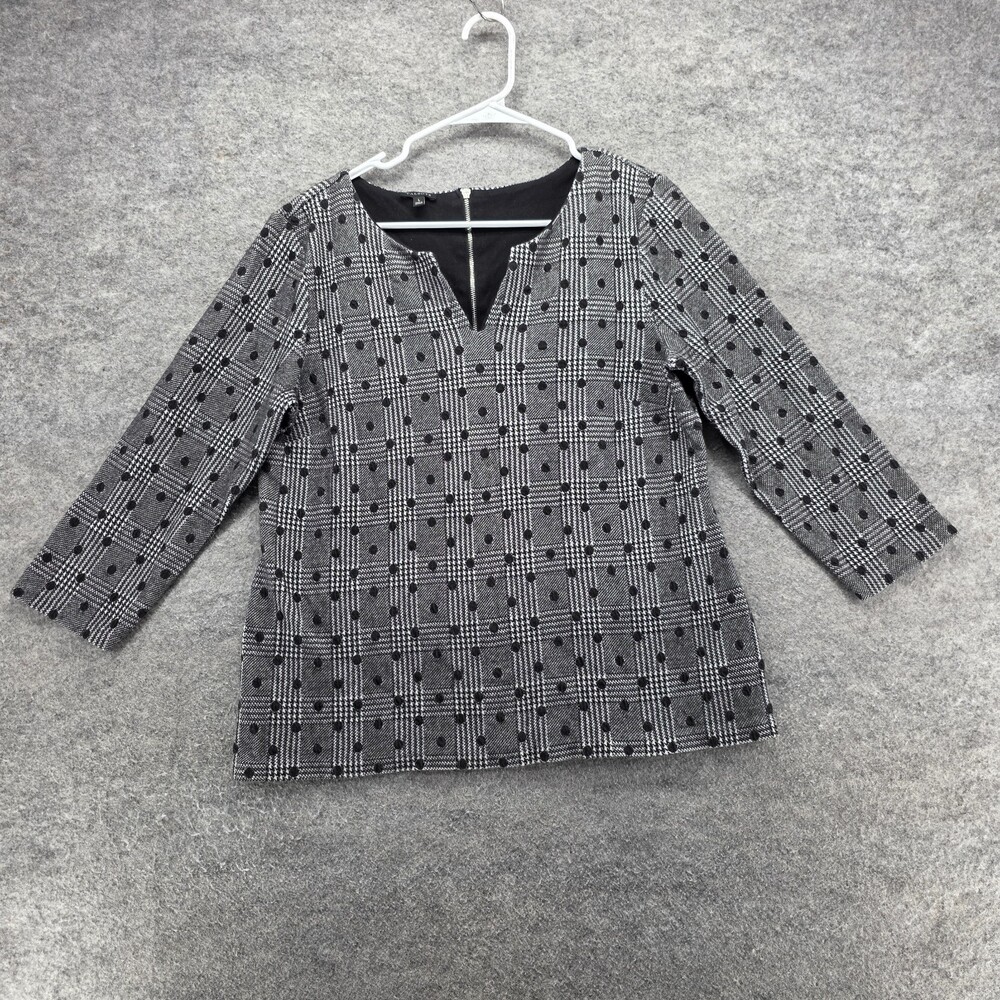 Talbots Shirt Womens Large 3/4 Sleeve Gray Dots V Neck